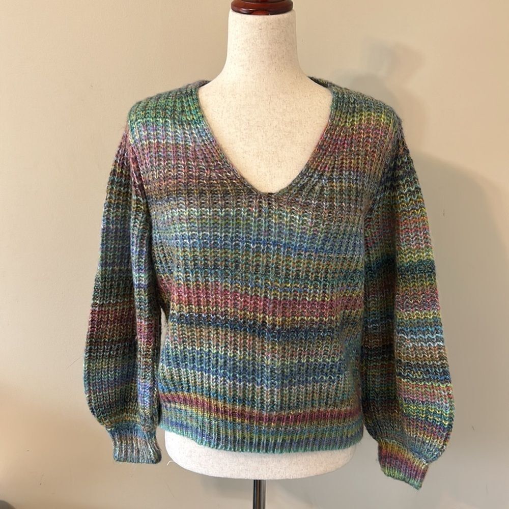 Lou & Grey | Colorful Rainbow Stripe Sweater Semi Crop Balloon Sleeve XS (6/8) - Picture 2 of 13